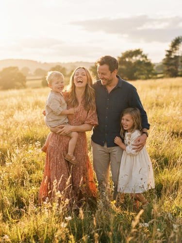 Candid lifestyle portrait of a young family laughing together in a sun-drenched meadow, warm golden hour light, backlit, 35mm film style