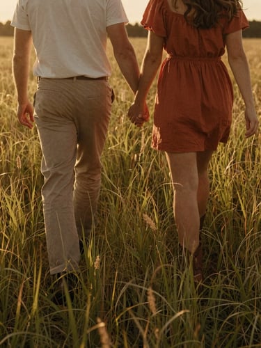 A couple walking hand-in-hand through a sun-drenched field of tall grass, warm golden hour backlighting, candid cinematic crop