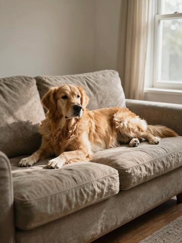 Wide-angle view of a golden retriever stretched across a worn linen sofa near a sunlit window, late-morning light casting soft shadows, warm domestic interior, no people