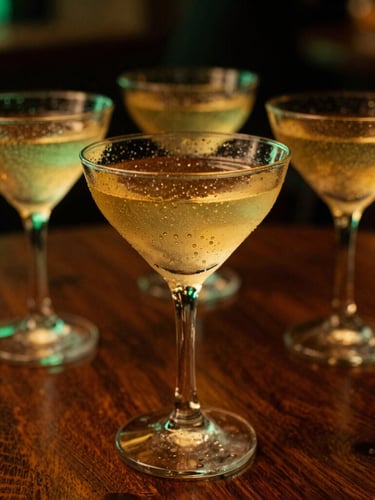 Moody close-up of condensation-beaded cocktail glasses glowing under warm amber and emerald neon lights, rich dark wood texture, shallow depth of field, 35mm