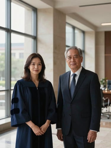 High-contrast editorial portrait of two lawyers in a modern, softly lit architectural office, natural window light, sober navy and stone tones, 35mm