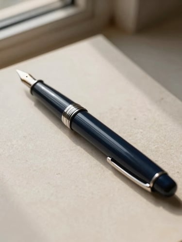 A close-up of a fountain pen on heavy textured paper, soft directional window light, deep navy and warm stone tones, 35mm editorial style