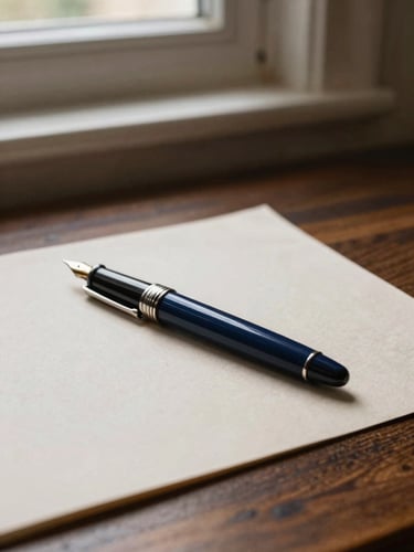 Close-up of a fountain pen resting on heavy textured paper on a dark wooden desk, soft window light, warm stone tones, 35mm