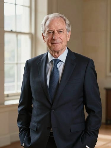 Sober portrait of a senior law partner in a dark navy suit, soft natural window light, warm stone background, professional editorial photography, 35mm