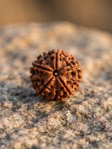 Macro photograph of a single, perfectly symmetrical five-mukhi Rudraksha bead resting on a raw Himalayan granite stone, soft golden-hour window light casting gentle shadows.