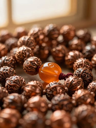 Macro shot of a sacred Rudraksha Mala draped over raw copper, warm golden light, shallow depth of field