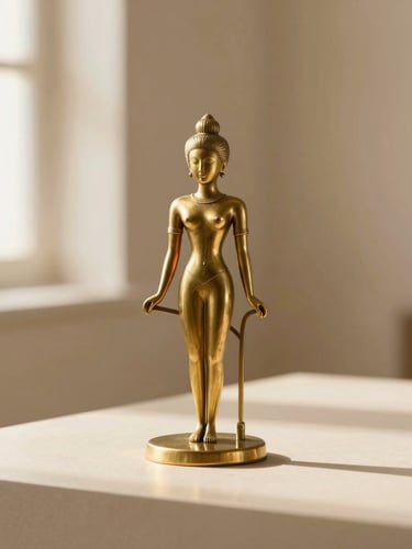 A minimalist brass Shiva sculpture on a clean modern home altar, soft shadows, warm beige background