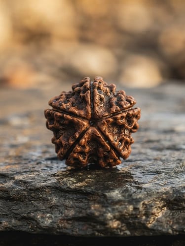 Macro photograph of a single symmetrical five-mukhi Rudraksha bead resting on wet Himalayan slate, soft golden window light, shallow depth of field.