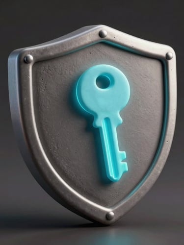 Close-up isometric 3D render of a metallic shield protecting a glowing cyan digital key, soft clay texture, dark studio lighting, dramatic shadows.