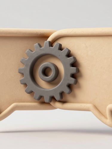 Soft clay-textured 3D illustration of two overlapping chat bubbles with a gear inside, floating with soft shadows, clean white background