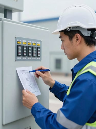 Close up of a certified industrial engineer in safety gear checking technical specifications on a clean control panel, bright daylight, blue tones
