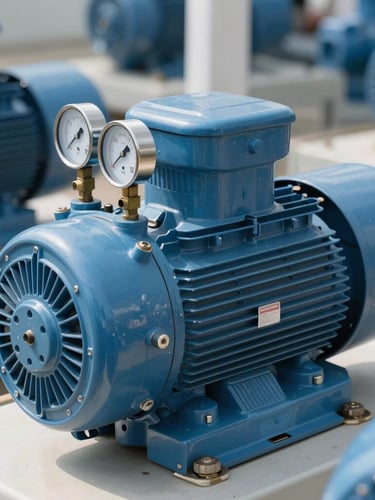 Close-up of a high-pressure water pump motor, clean industrial installation, blue metal casings, technical gauges, bright daylight focus