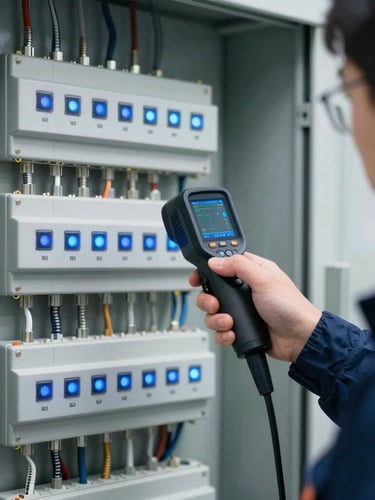 Close-up of a technician in safety gear using a thermal imaging camera on a clean, complex electrical control panel with blue indicator lights, sharp industrial focus.