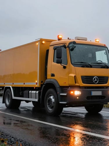 Low-angle heroic shot of an amber-lit recovery truck on a dark motorway shoulder, rain slicked tarmac, high-visibility hazard lights casting a bright orange glow.