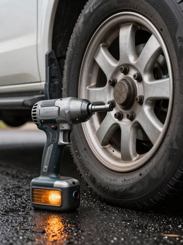 Low-angle close-up of a heavy-duty impact wrench loosening lug nuts on a commercial vehicle wheel, amber emergency light reflecting on wet asphalt, industrial grit, high contrast.