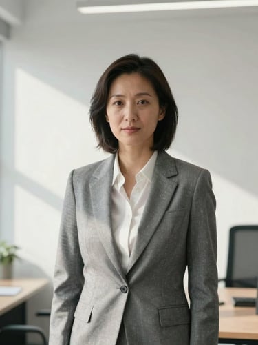 Straight-on architectural portrait of a professional woman in a light-filled office interior, clean white wall behind her, north-facing daylight, neutral expression, business attire