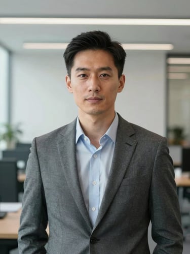 Straight-on portrait of a professional man in a modern office, clean background, studio daylight, neutral business attire, composed expression