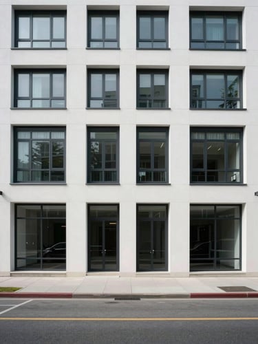 Wide shot of a modern mid-rise apartment building facade at noon, straight-on framing, clean white concrete and dark window frames, empty sidewalk in foreground, overcast north-facing daylight, no people