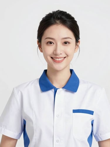 Close-up portrait of a professional staff member in a clean, modern dry cleaning uniform, smiling confidently, bright high-key commercial photography, clean white and blue tones, crisp studio light, sharp focus, 35mm lens