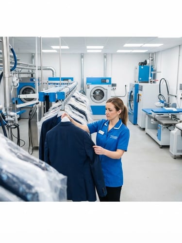 Professional dry cleaning facility interior, bright, modern machines, clean white and blue tones, crisp studio light, sharp focus, 35mm lens, a staff member in uniform inspecting a garment, wide shot