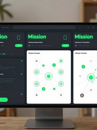 High-fidelity UI mockup of the three-panel mission builder with glowing green terminal text, active agent status indicators, and complex ownership network node maps, wide-angle dashboard view