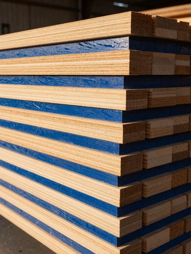 Warm, low-angled golden hour light on a stack of precision-cut timber planks in a modern wood manufacturing facility, sharp focus, 35mm