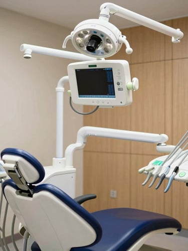Crisp, clean image of a high-tech dental chair with integrated digital imaging equipment, clinical white lighting, sharp focus, 35mm