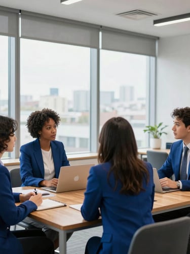 Diverse team of professionals collaborating in a modern, well-lit corporate office, crisp architectural daylight, focus on engaged discussion, deep royal blue and warm wood tones, 35mm.
