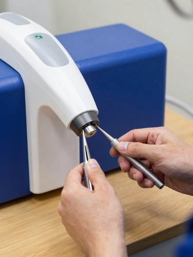 Close up of a certified technician calibrating a complex dental laser unit with precision tools, bright clinical lighting, sharp focus, 35mm