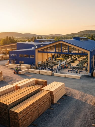 Wide panoramic shot of a modern timber processing facility at golden hour, warm low-angled light, stacks of lumber in the foreground, precision machinery in the background, sharp focus, architectural daylight.
