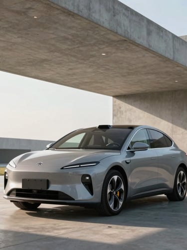 Environmental portrait of a modern electric vehicle parked in a minimalist concrete carport, soft natural morning daylight, sharp clean architectural lines.