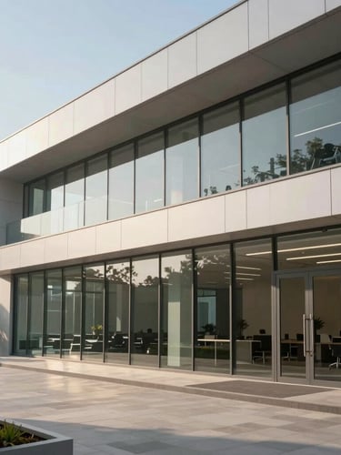 Environmental portrait of a modern, sunlit corporate workspace with clean lines, soft natural daylight, and architectural glass details.