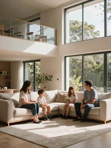 A sunlit architectural home interior, a family sitting together on a modern sofa, warm natural light streaming through large windows, soft shadows, premium minimalist aesthetic.