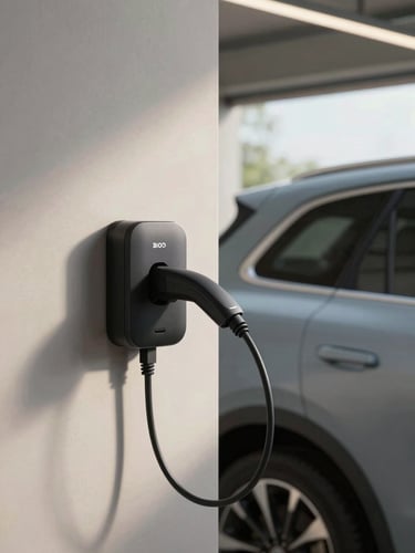 Close-up of a premium electric SUV connected to a sleek wall charger inside a clean, modern residential garage, soft natural side lighting, realistic textures.