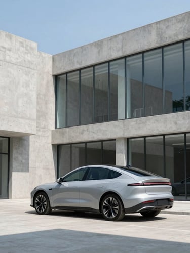 Modern electric vehicle parked outside a minimalist concrete and glass corporate office, bright daylight, sharp clean lines.