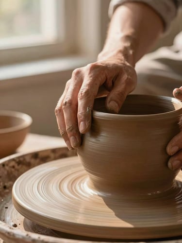 Soft close-up of hands resting gently on warm clay pottery, natural morning light, shallow depth of field, terracotta tones