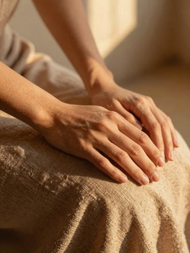Close-up of warm hands resting firmly on textured raw linen fabric, soft golden hour side light, organic terracotta shadows