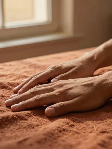 Intimate close-up of hands in grounded, supportive contact on warm linen, soft golden hour window light, rich terracotta tones
