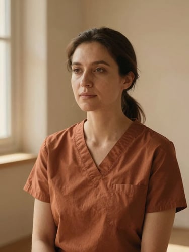 Warm editorial portrait of a female therapist in her 30s, serene expression, natural light from a window, soft sand-colored background, organic minimalist aesthetic