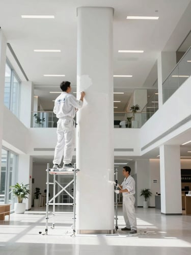 Straight-on shot of an expansive, bright modern commercial lobby with high ceilings, painters in clean white branded uniforms on scaffolding applying crisp white paint to a structural column, natural daylight streaming in.