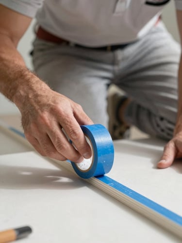 A professional painter in clean branded gear carefully applying blue painter's tape to a baseboard, bright daylight, macro close-up of a sharp edge