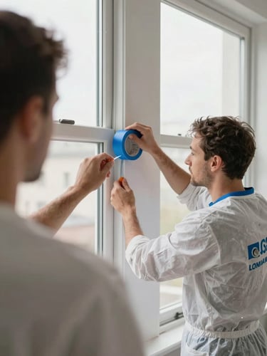 Straight-on shot of a painter in clean branded gear applying blue painter's tape to a crisp window trim, bright natural daylight, dust-free surface.
