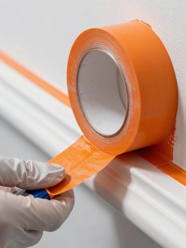 Macro close-up of a painter in clean gear peeling back bright orange painter tape to reveal a razor-sharp, flawless paint line on white trim