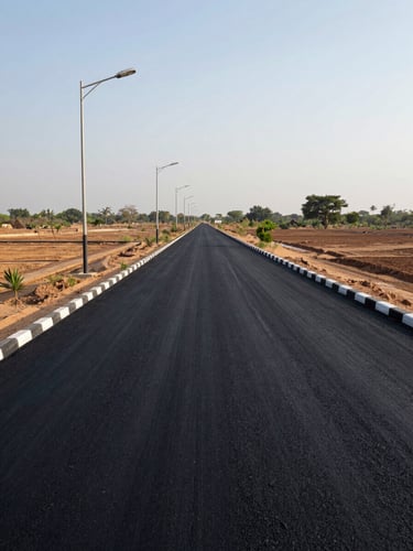 Environmental wide shot of a finished blacktop internal road inside a residential plot layout in Sulur — road surface stretching into the frame, operational street lights mounted on poles along the left edge, open empty plots on both sides with clear boundary markers, natural daylight, low open sky, no people