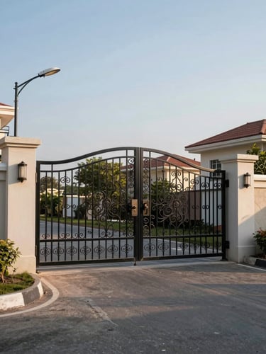Close-up wide shot of a finished ornamental gated entrance to a residential plot development in Sulur — wrought-iron gate panels open, smooth concrete pillars, operational street light mounted on pillar, clear afternoon daylight, empty road surface in foreground, low horizon