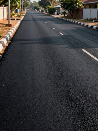 Close-up ground-level view of a freshly laid blacktop road inside a gated plot community in Sulur — road surface texture sharp and clear, a street light pole rising on the left edge, plot boundary stones visible along the roadside, late-afternoon daylight casting long shallow shadows, no people, no vehicles