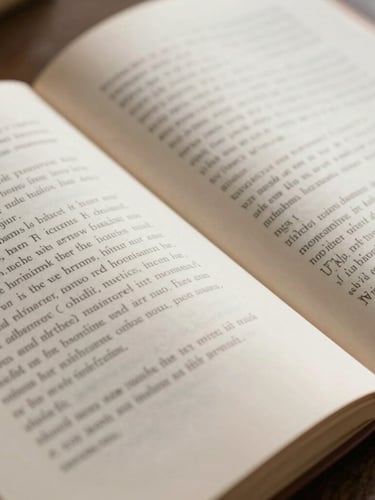 Close-up of open classical books alongside handwritten translation notes on warm paper, soft natural library light