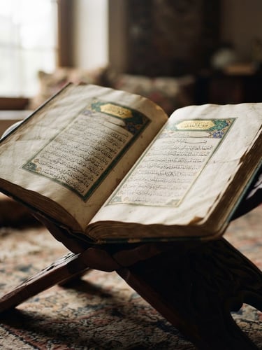 Close-up of an open classical Arabic manuscript on a dark wooden book stand, soft natural morning light from a side window, shallow depth of field, elegant editorial style.