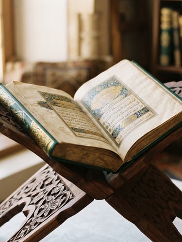 Close-up of a beautifully bound classical Islamic text resting on a wooden stand, warm ambient sunlight casting soft shadows, elegant editorial photography.