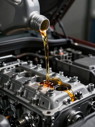 Tight macro shot of fresh golden motor oil pouring into a clean engine bay, dramatic overhead mechanical lighting, deep graphite and metallic tones, sharp focus, 35mm lens